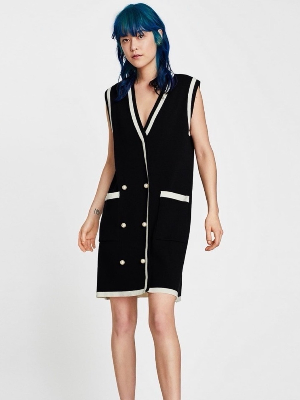 Zara Knit Pearl Button Sweater Vest Dress S Black White NWT Preppy